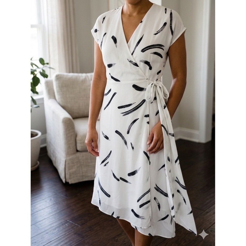Joie Silk Brushstroke Print Wrap Dress‎ White Black Asymmetrical